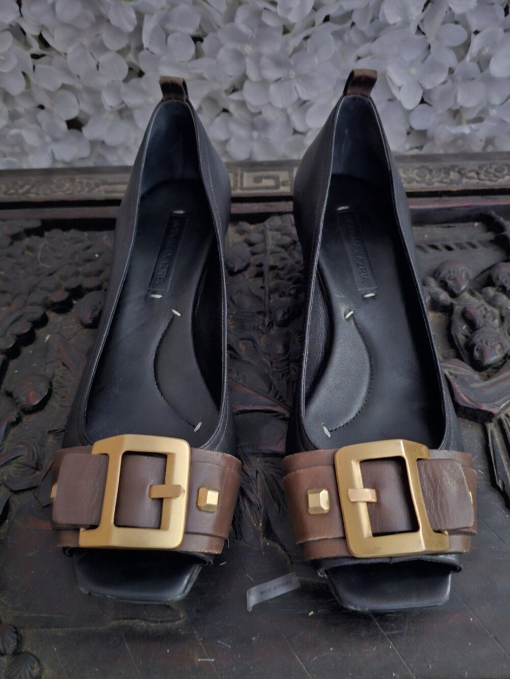 Vintage BCBGMaxAzria Leather Square Toe Buckle Wedge Flats